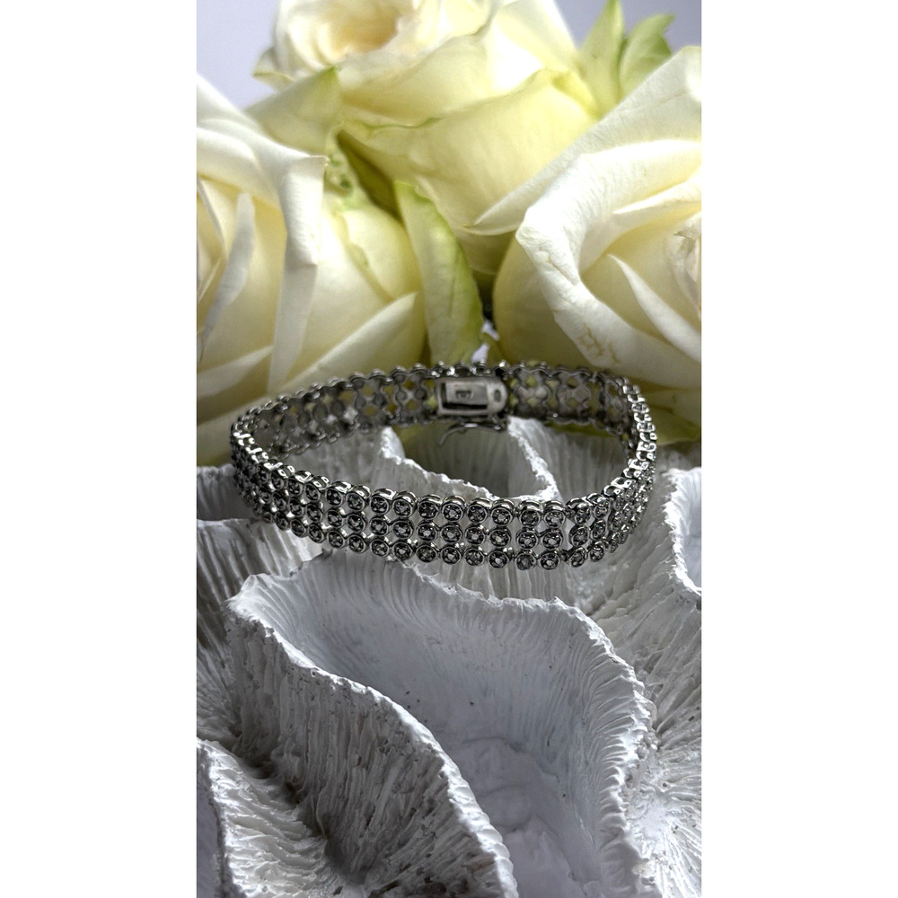 Elegant Multi Row 925 Sterling Silver Tennis Clear White Topaz Stones Bracelet 7